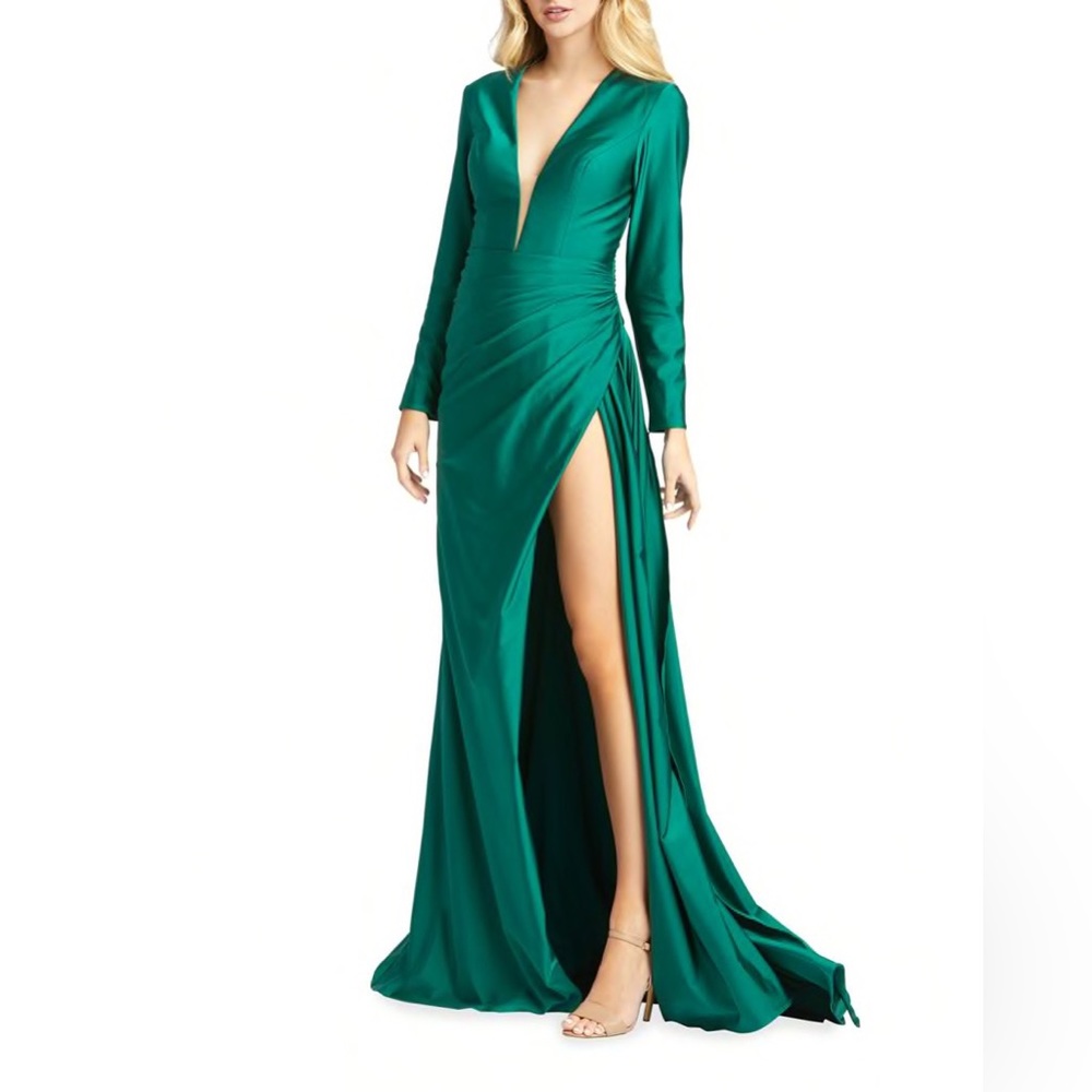 Ieena for Mac Duggal Deep V-Neck Satin Ruched Gown